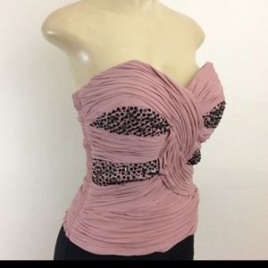 Bebe Top M Strapless Silk Rose w/Beads/Sequins